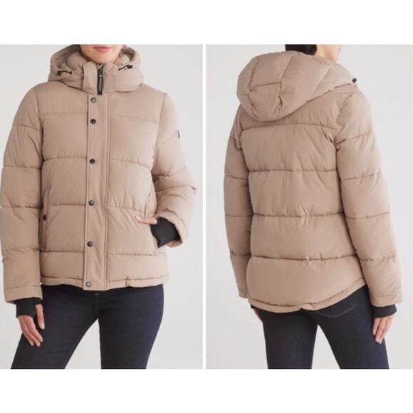 Size L Latte Brown Black Tan Hooded Short Puffer Jacket Feather Free Eco Fill - Picture 1 of 13
